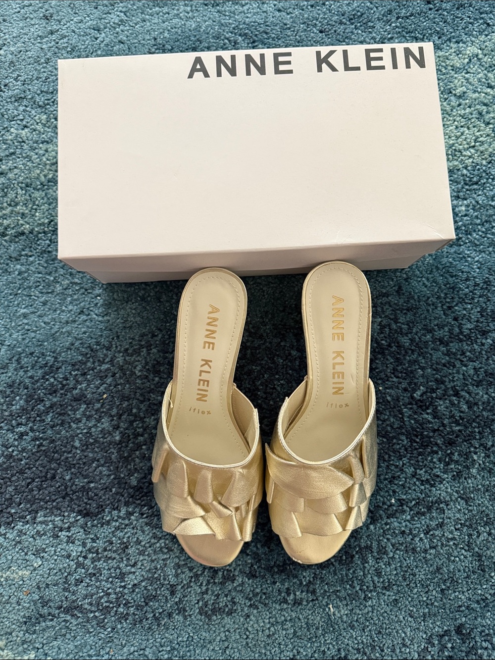 Anne Klein Metallic Gold Ruffled Slide Mules